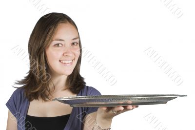 Casual smiling woman holding a tray