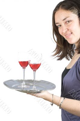 Casual woman holding a wine tray