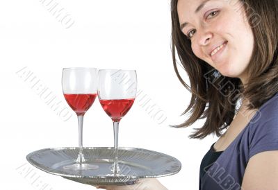 Casual smiling woman holding a wine tray