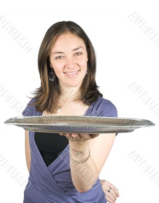 Casual woman holding a tray