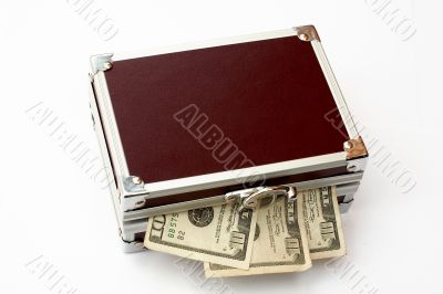 Bills on Brown toned metal briefcase, isolated