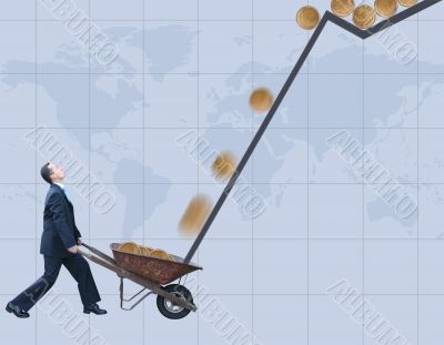 business man collecting coins - world background