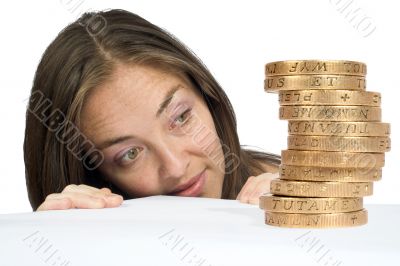 girl looking at her savings