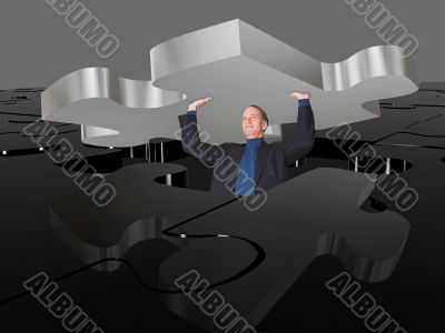 business man pushing puzzle up