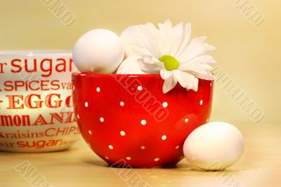 Eggs in red bowl