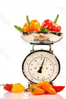 Colored peppers on white background