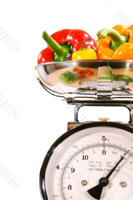 Closeup of kitchen scale with colored peppers