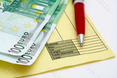 Blank invoice with pen and money (euros)