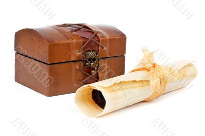 Treasure chest and papyrus scroll