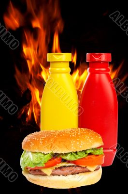 Burger over a flames background