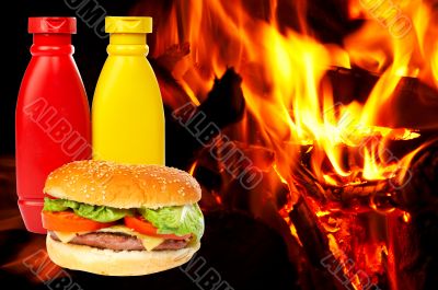 Burger over a flames background