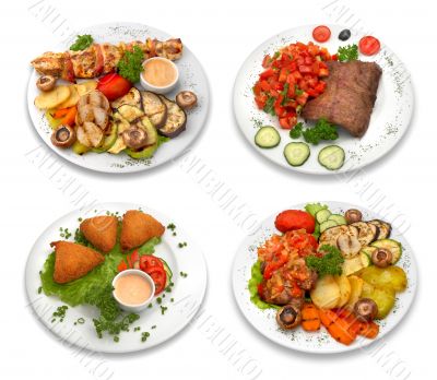 4 dishes of food. isolated on white.