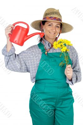 attractive happy woman dressed gardener
