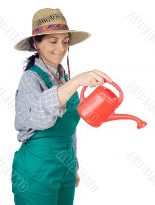 attractive happy woman dressed gardener