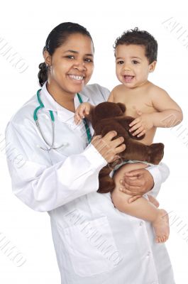 Adorable doctor with a baby in her arms