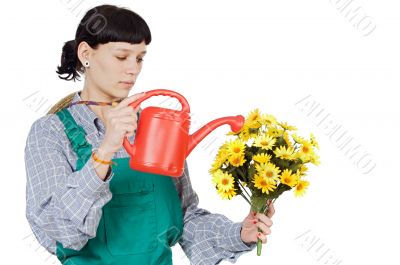 attractive happy woman dressed gardener