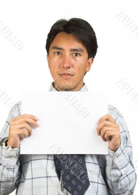business man holding a white card