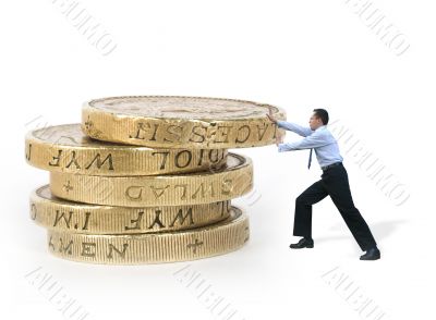business man pushing coins - power