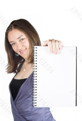 Beautiful woman holding a blank notebook