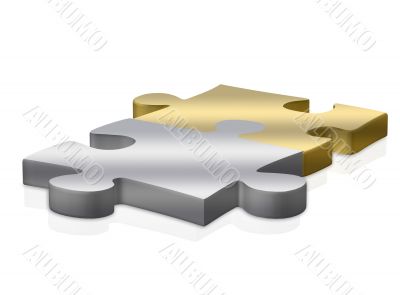 gold and silver puzzle pieces over white