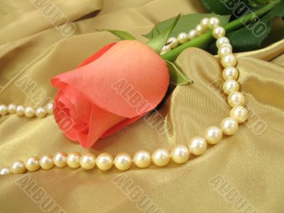 Pink rose and pearls on gold satin