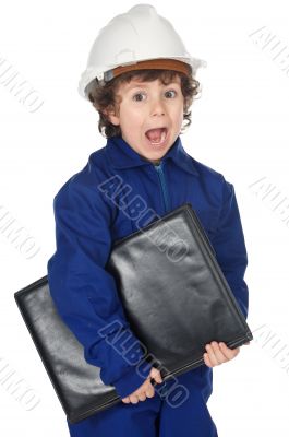 Adorable boy worker with surprise gesture