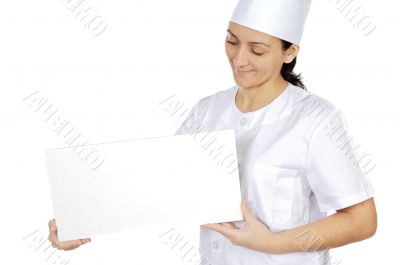 happy attractive cook woman whit slate