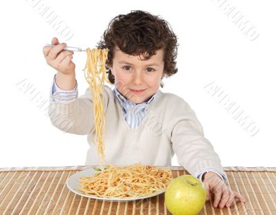 Adorable child hungry at the time of eating