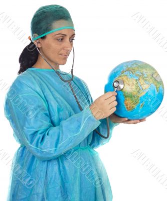doctor examining the planet earth