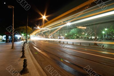 Tram route lights at night