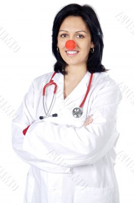 Attractive lady doctor with a red nose