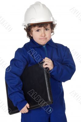 Adorable future builder gotten upset with folder