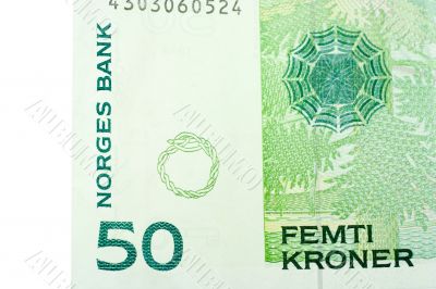 Corner of Fifty Norwegian Kroner banknote Corner of Fifty Norwegian Kroner banknote