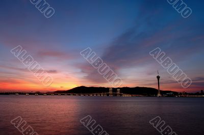 Evening of Macau tower convention and bridges