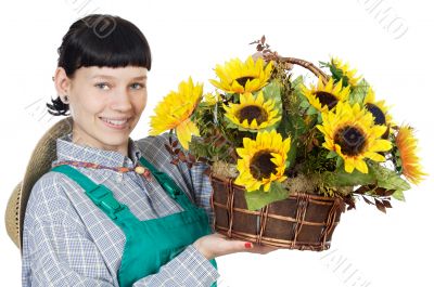 attractive happy woman dressed gardener