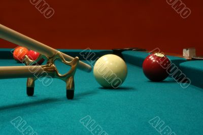 Billiard Balls with cue stick and bridge