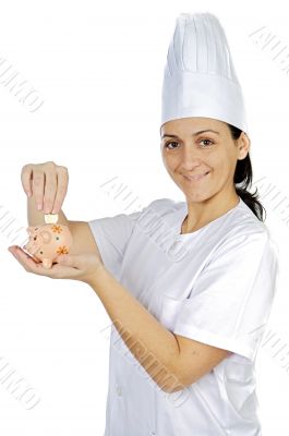 attractive cook woman saving money