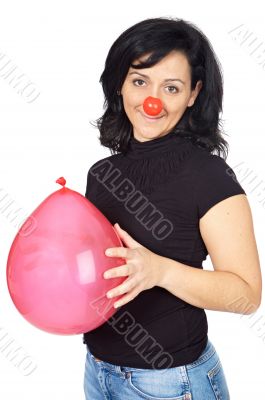attractive lady whit clown nose and a globe attractive lady whit clown nose and a globe