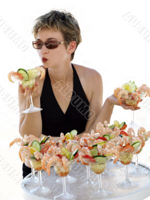 Girl with shrimp cocktails
