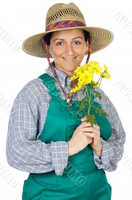 attractive happy woman dressed gardener