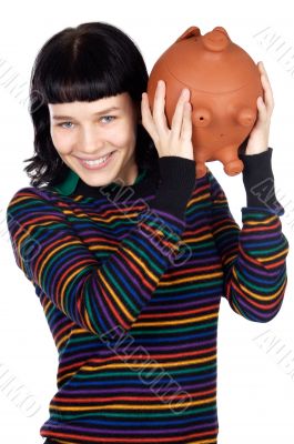 casual girl with money box