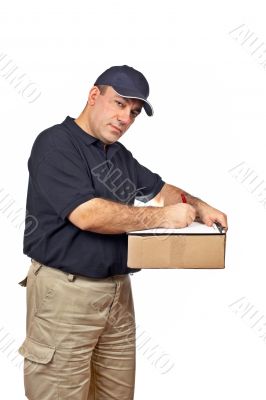 Courier holding the box and writing