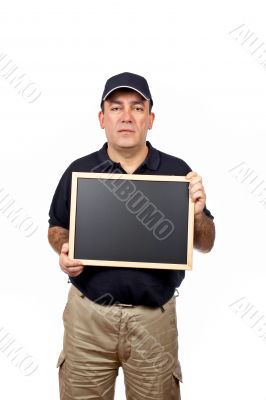 Courier holding the empty chalkboard