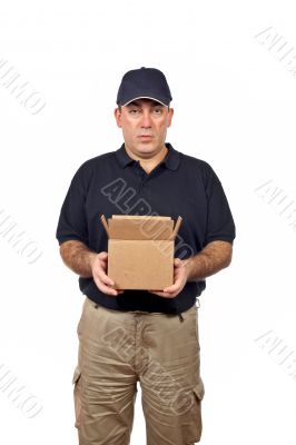 Courier holding a open box