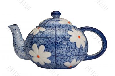 blue teapot over white background