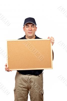 Courier holding the empty corkboard