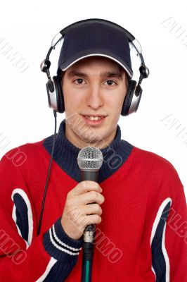 Disc jockey with headphones and microphone