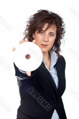 Business woman holding a dvd disc