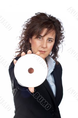 Business woman holding a dvd disc