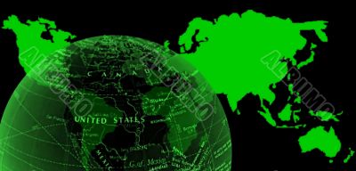 world map and semi-globe glow green